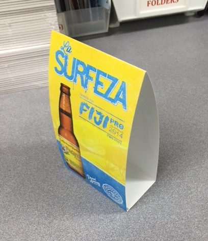 A table tent on a countertop.